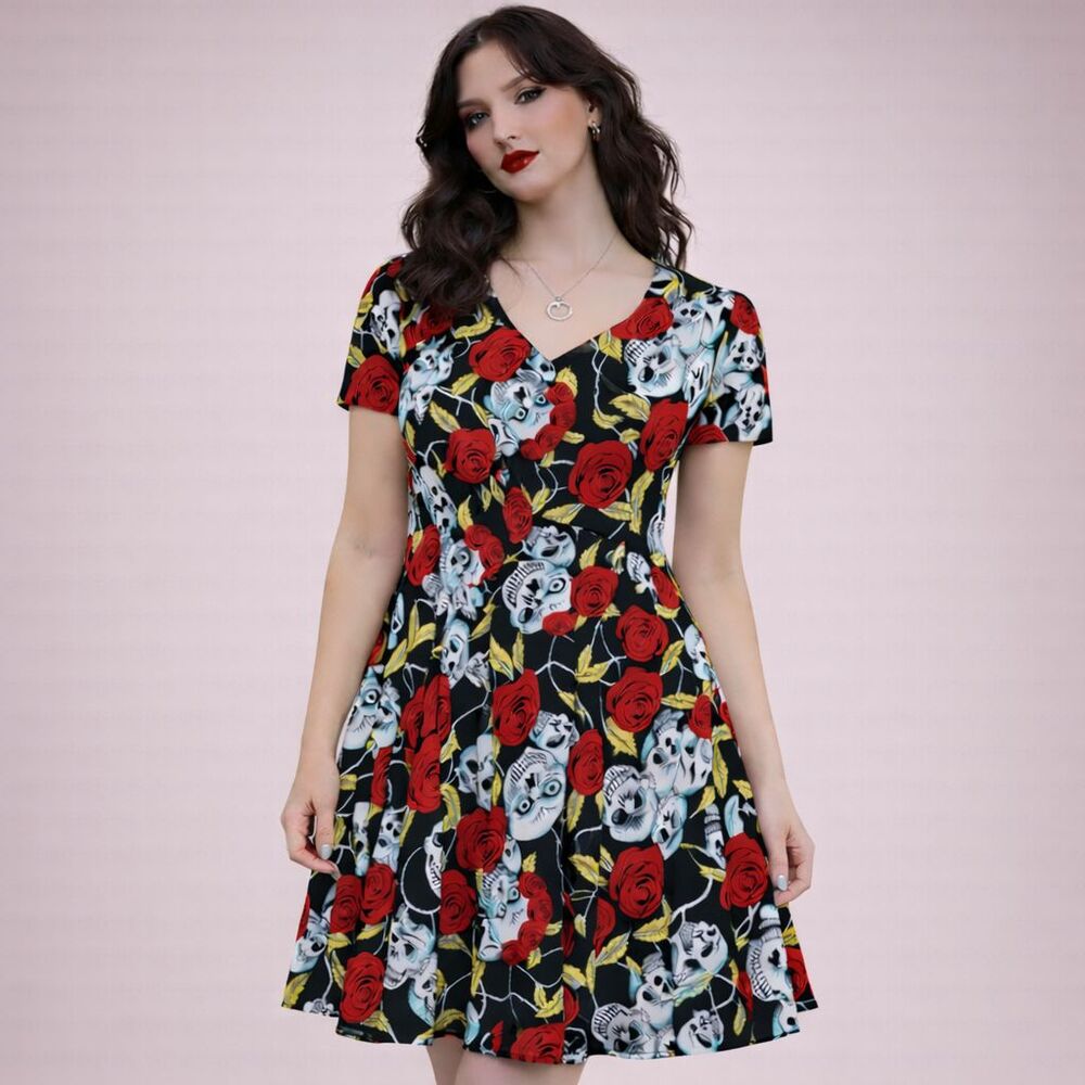 Red Roses & Skulls Black Skater Dress XL Dark Romantic Goth Whimsigoth Emo Moody